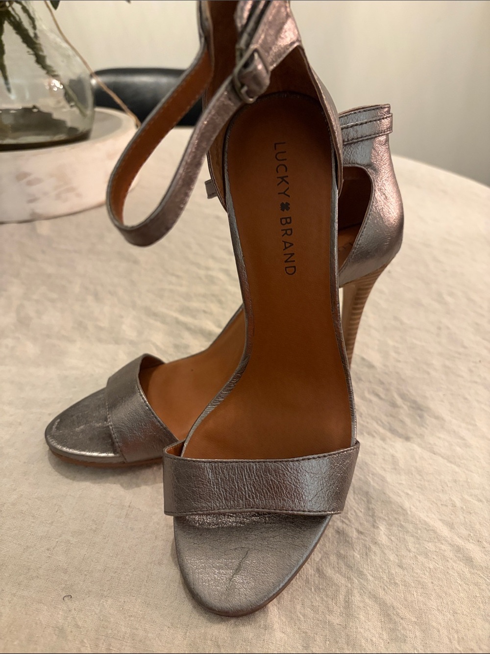Lucky Brand Metallic platinum/dark grey (?) Open-Toe Ankle-Strap Heels, size 9